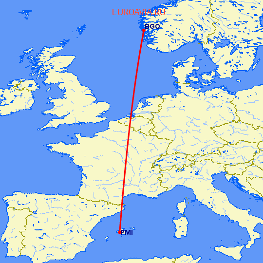 перелет Берген — Пальма де Майорка на карте