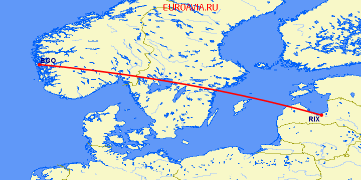 перелет Берген — Рига на карте