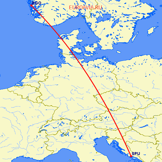 перелет Берген — Сплит на карте