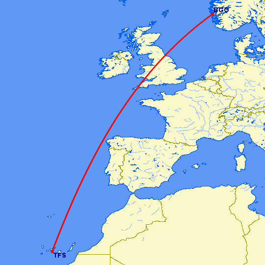 перелет Берген — Тенерифе на карте