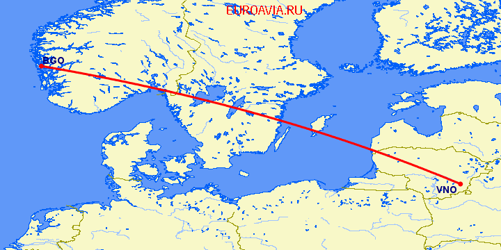 перелет Берген — Вильнюс на карте