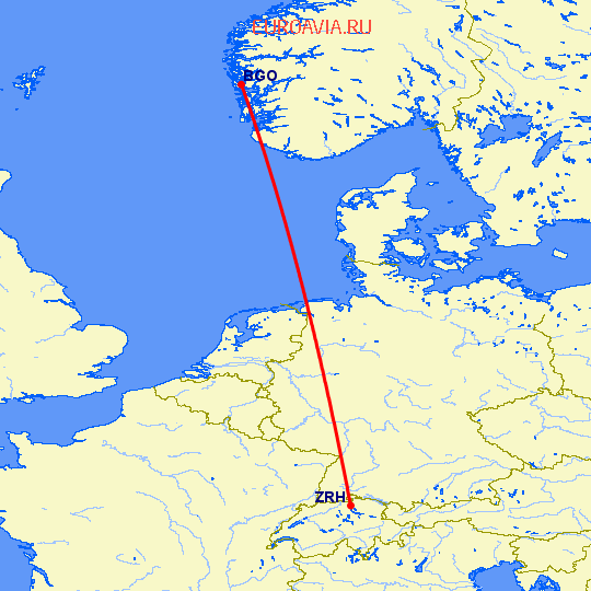 перелет Берген — Цюрих на карте