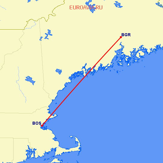 перелет Бангор — Бостон на карте