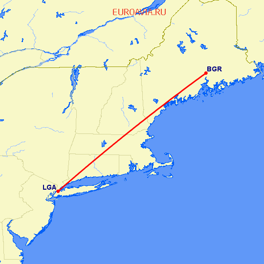 перелет Бангор — Нью Йорк на карте