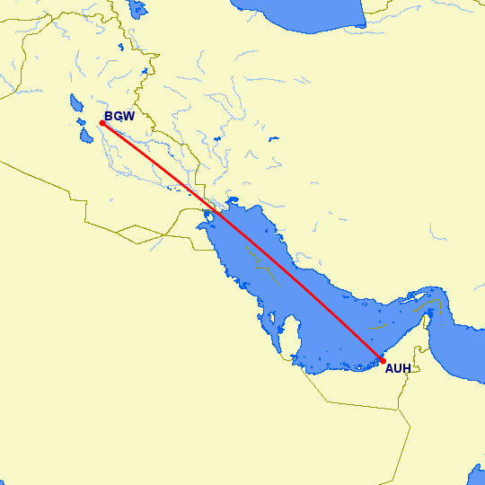 перелет Багдад — Абу Даби на карте