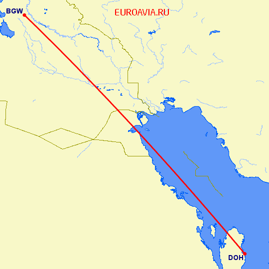 перелет Багдад — Доха на карте