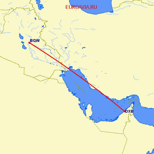 перелет Багдад — Дубай на карте