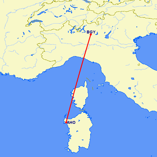перелет Бергамо — Альгеро на карте