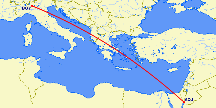перелет Бергамо — Акаба на карте