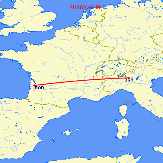 перелет Бергамо — Бордо на карте
