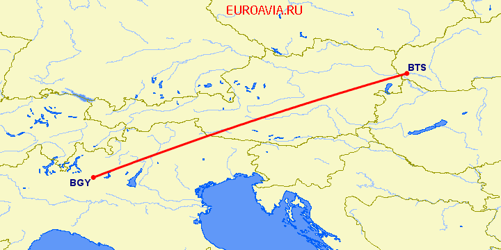 перелет Бергамо — Братислава на карте