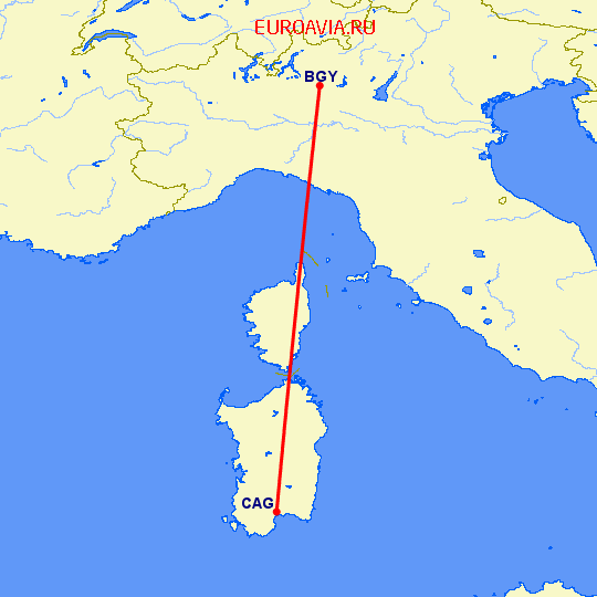 перелет Бергамо — Кальяри на карте
