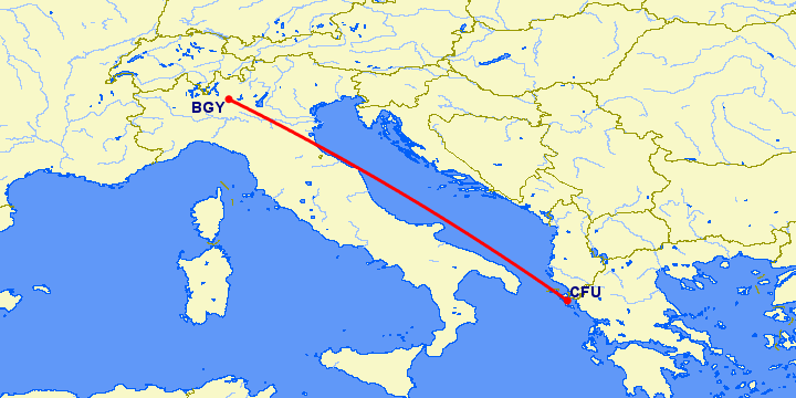 перелет Бергамо — Керкира на карте