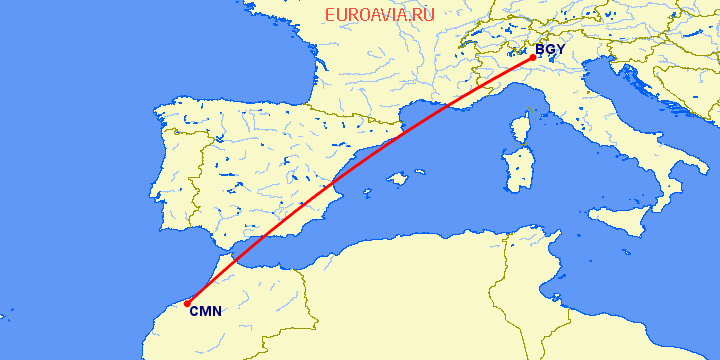 перелет Бергамо — Касабланка на карте