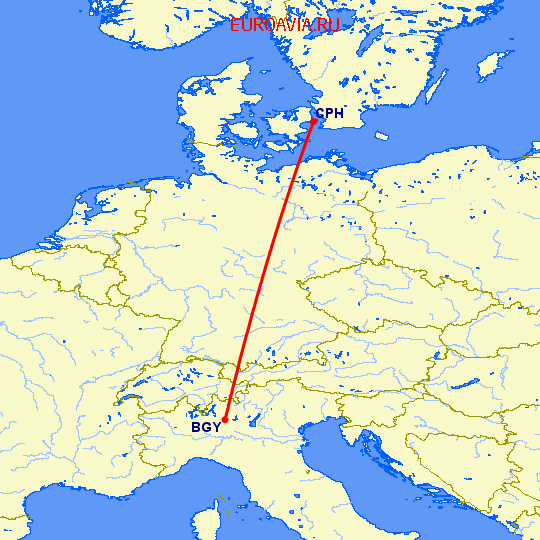 перелет Бергамо — Копенгаген на карте