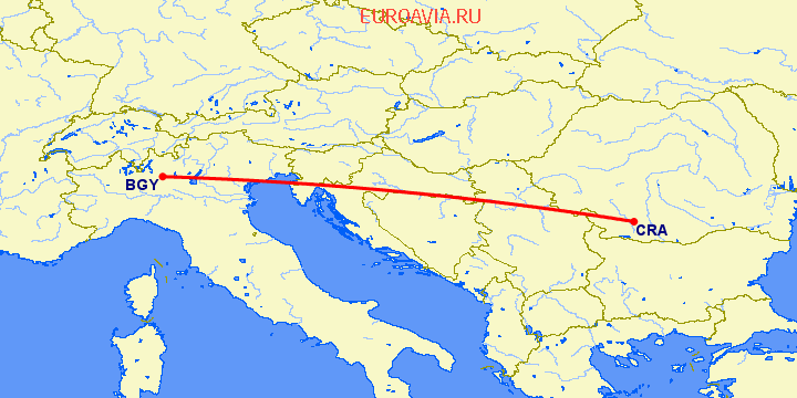 перелет Бергамо — Крайова на карте