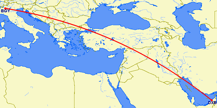 перелет Бергамо — Дубай на карте
