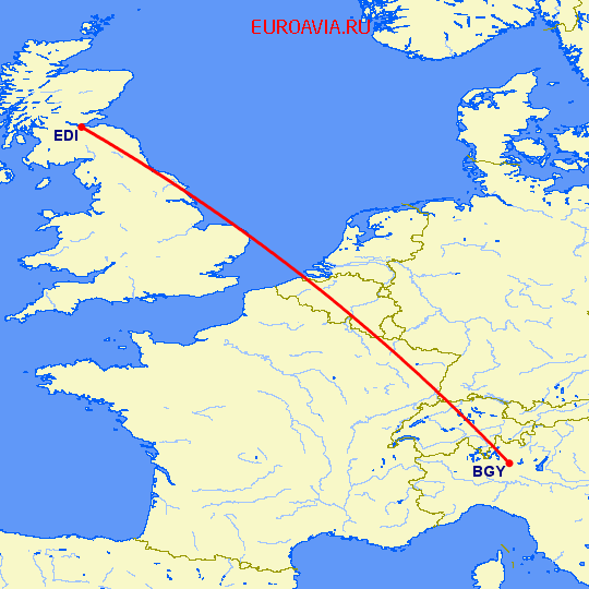 перелет Бергамо — Эдинбург на карте