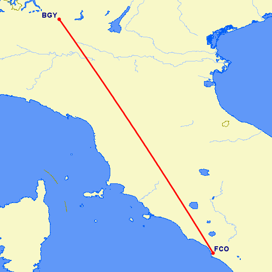 перелет Бергамо — Рим на карте