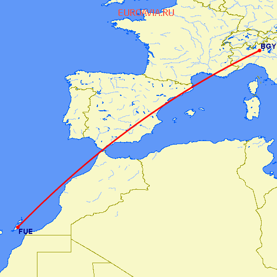 перелет Бергамо — Пуэрто дель Росарио на карте