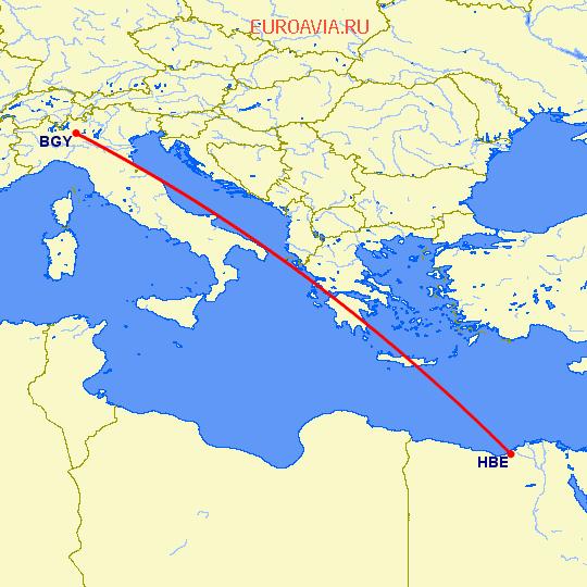 перелет Бергамо — Александрия на карте