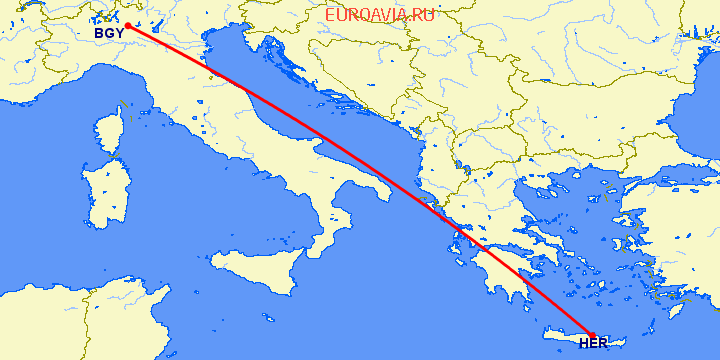 перелет Бергамо — Ираклион на карте