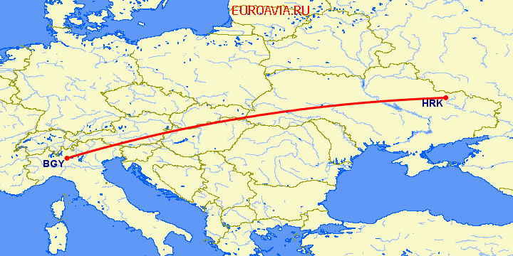 перелет Бергамо — Харьков на карте