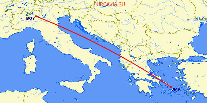 перелет Бергамо — Миконос на карте