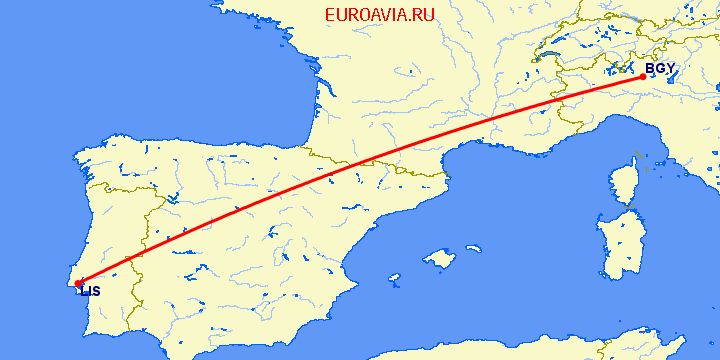 перелет Бергамо — Лиссабон на карте