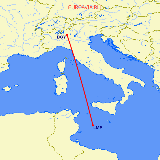 перелет Бергамо — Lampedusa на карте