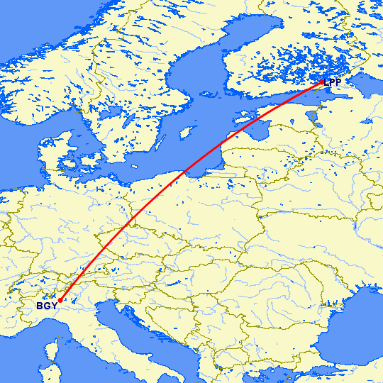 перелет Бергамо — Лаппенранта на карте