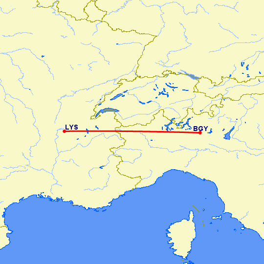 перелет Бергамо — Лион на карте
