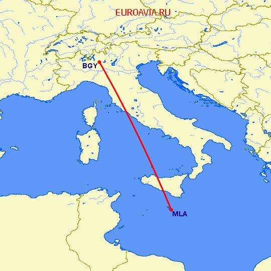 перелет Бергамо — Мальта на карте