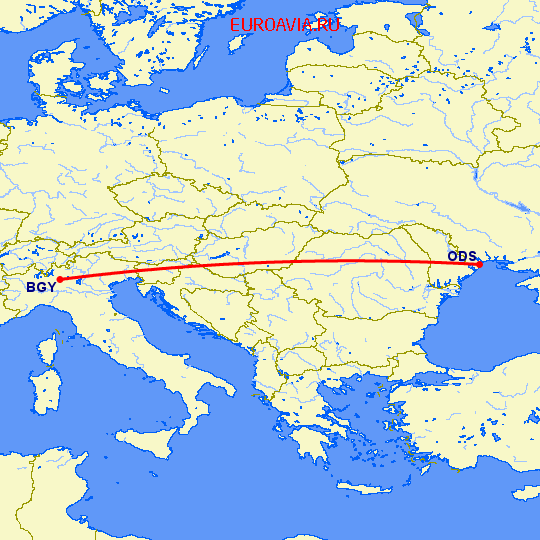 перелет Бергамо — Одесса на карте