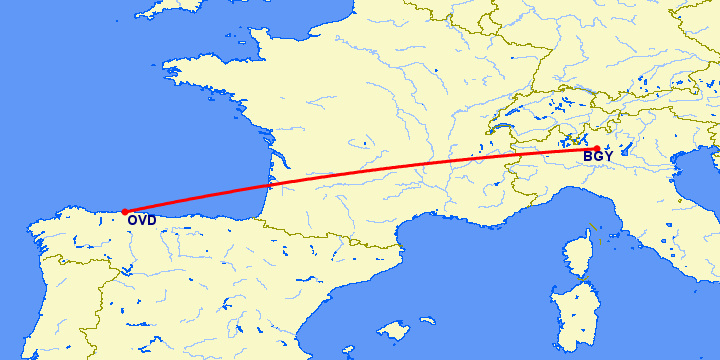 перелет Бергамо — Овьедо-Авилес на карте