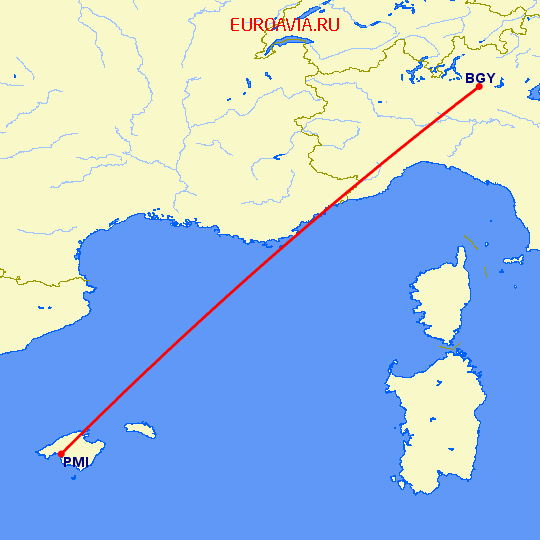 перелет Бергамо — Пальма де Майорка на карте