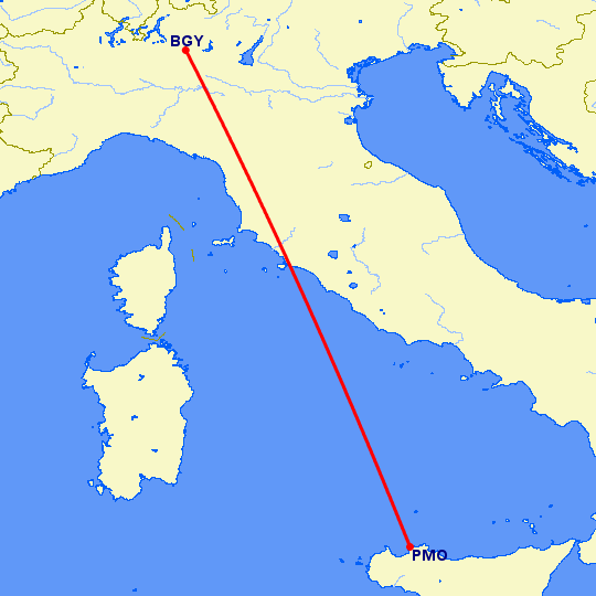 перелет Бергамо — Палермо на карте