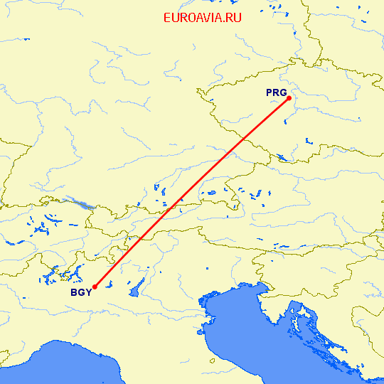 перелет Бергамо — Прага на карте
