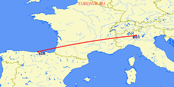 перелет Бергамо — Сантандер на карте