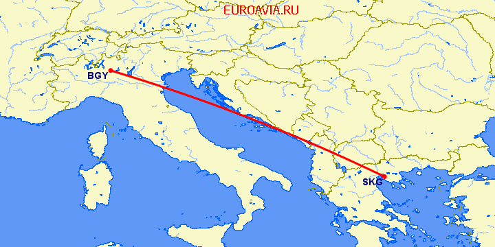 перелет Бергамо — Салоники на карте