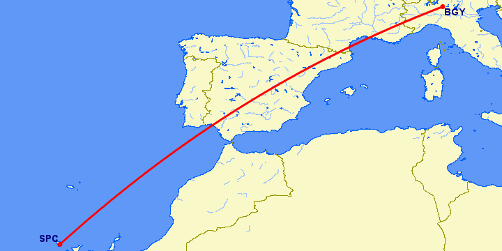 перелет Бергамо — Санта Крус де Ла Пальма на карте
