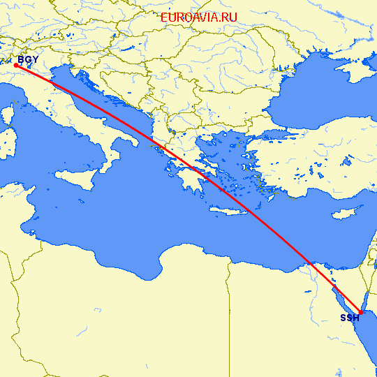 перелет Бергамо — Шарм эль Шейх на карте