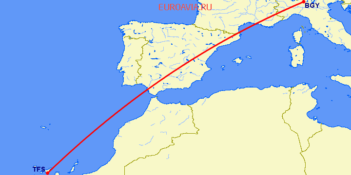 перелет Бергамо — Тенерифе на карте