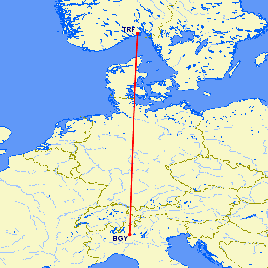 перелет Бергамо — Осло Торп на карте