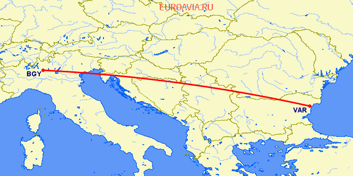 перелет Бергамо — Варна на карте