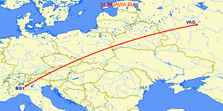перелет Бергамо — Москва на карте