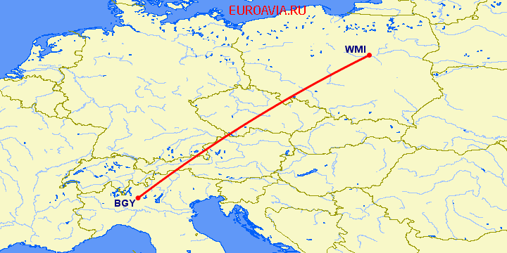 перелет Бергамо — Варшава на карте