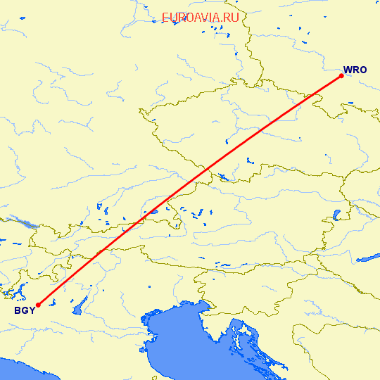 перелет Бергамо — Вроцлав на карте