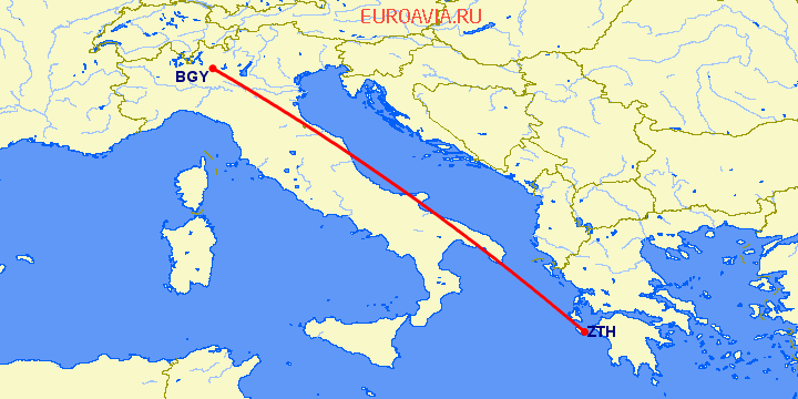 перелет Бергамо — Закинтос на карте