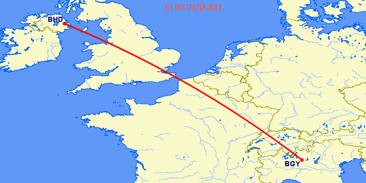 перелет Белфаст — Бергамо на карте